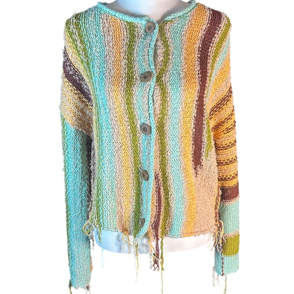 Free People Baja Cardigan‎ NWOT Women XS Multicolor Striped Distressed Oversized